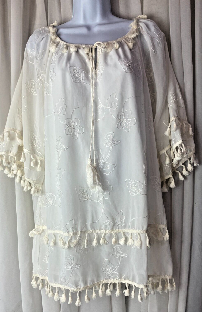 Urban Mango Womens Small Ivory Tunic Dress Layers Tassles Embroidered Boho Urban Mango Womens Small Ivory Tunic Dress Layers Tassles Embroidered Boho