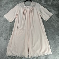 Vintage Shadowline Nightgown Robe Pink Nylon Lace Button Front Womens M