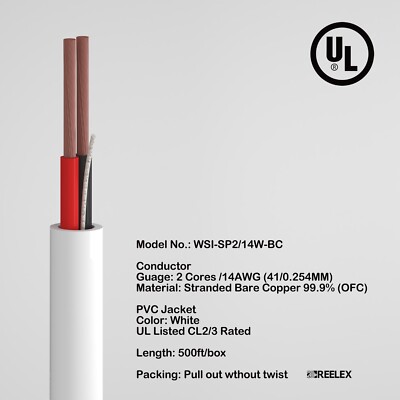 14AWG Speaker Wire 14 Gauge Oxygen-Free OFC UL CL2/3 Rated Cable 500FT 2/14 4/14