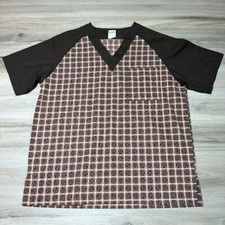 Cintas Scrub Top Shirt Women's Large Brown Geometric Short Sleeve V Neck EUC