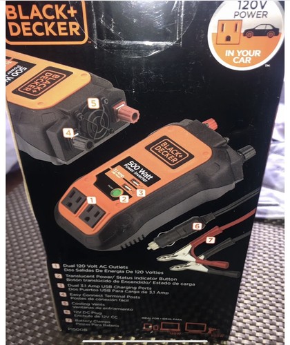 Black + Decker 500 Watt Power Inverter with 3.1 amp USB port. 120V In Your Car. - Picture 2 of 6