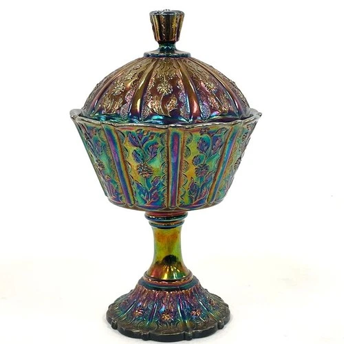 Vintage Fenton Black Amethyst Paneled Daisy Covered Pedestal Candy Dish