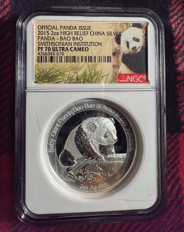 2015 2 oz .999 Silver China Panda Bao Bao High Relief Smithsonian NGC PF70 UC