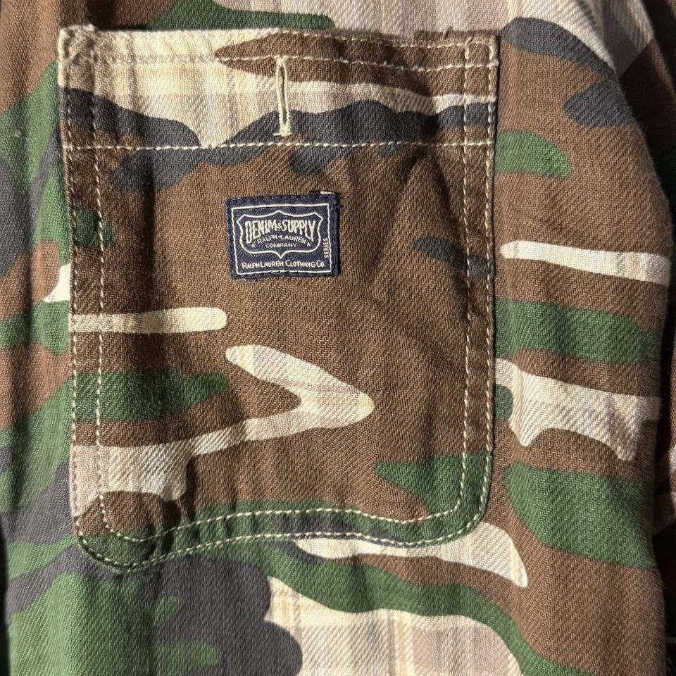 Camisa Ralph Lauren Denim Supply Para Hombres Grande Verde Marrón Camuflaje Militar Ejército Foto 3 de 4