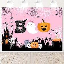 Halloween Boo Backdrop Cute Spooky Ghost Pumpkin Trick or Treat Background Pink