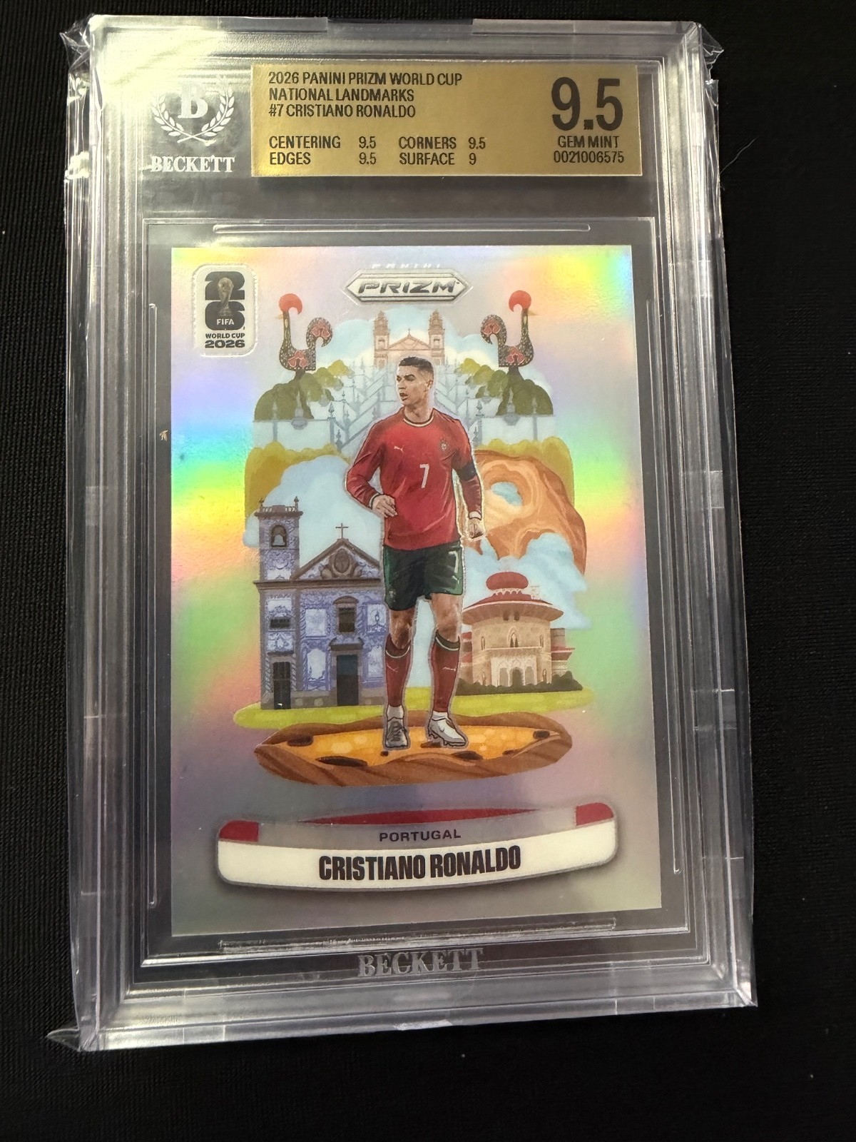 CRISTIANO RONALDO 2026 PRIZM WORLD CUP NATIONAL LANDMARKS BECKETT 9.5 view 1