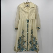 Alfred Shaheen Cream Blue Pattern Hawaii Vintage 70s Midi Dress Size 10 USA