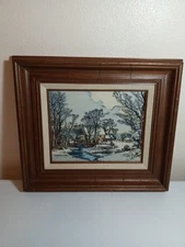 Currier and Ives Framed Hand Painted Winter Scene On Tile