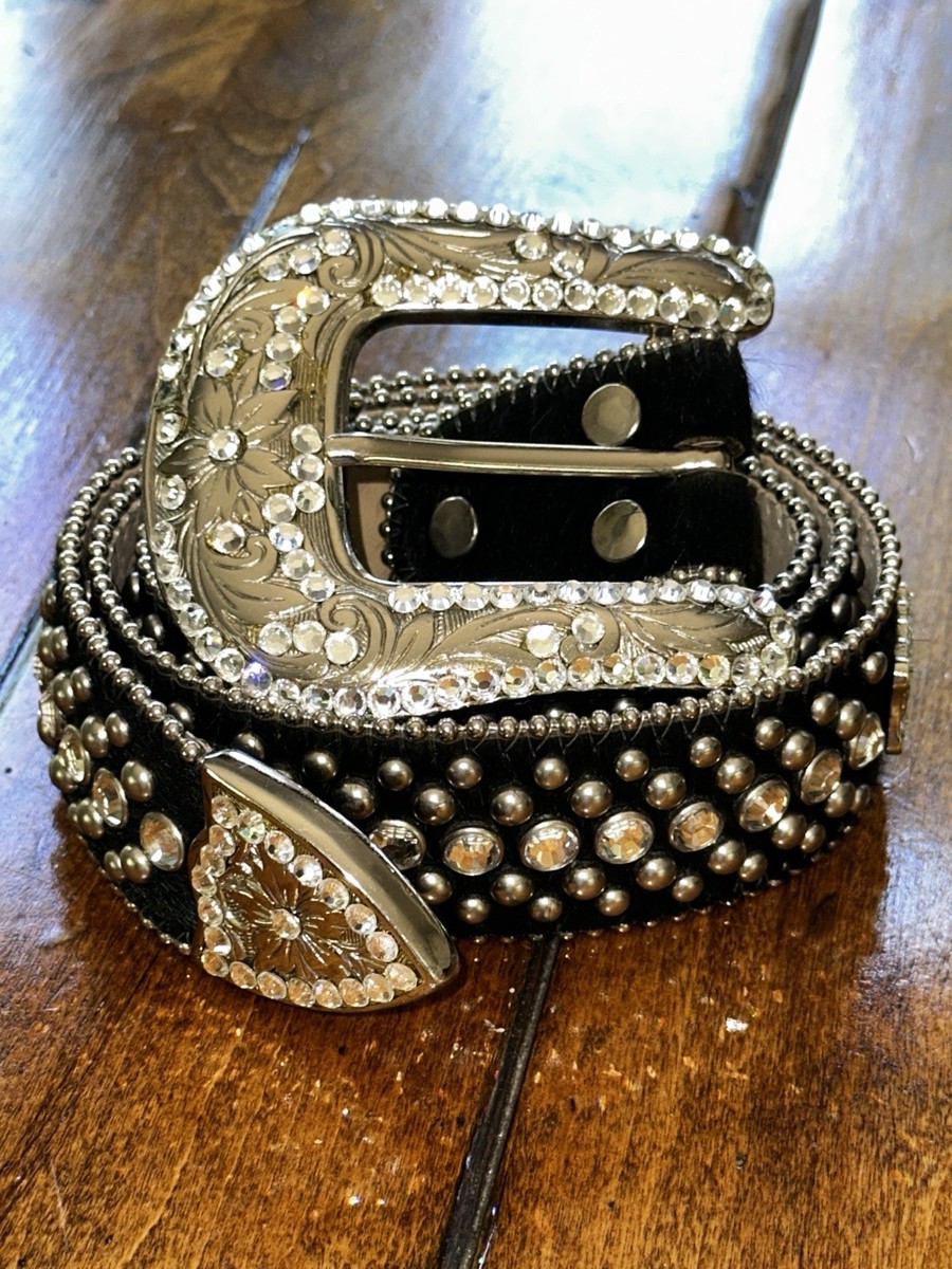 B.B. Simon Leather Belt Black W/ Clear Rhinestones Western  display picture 3