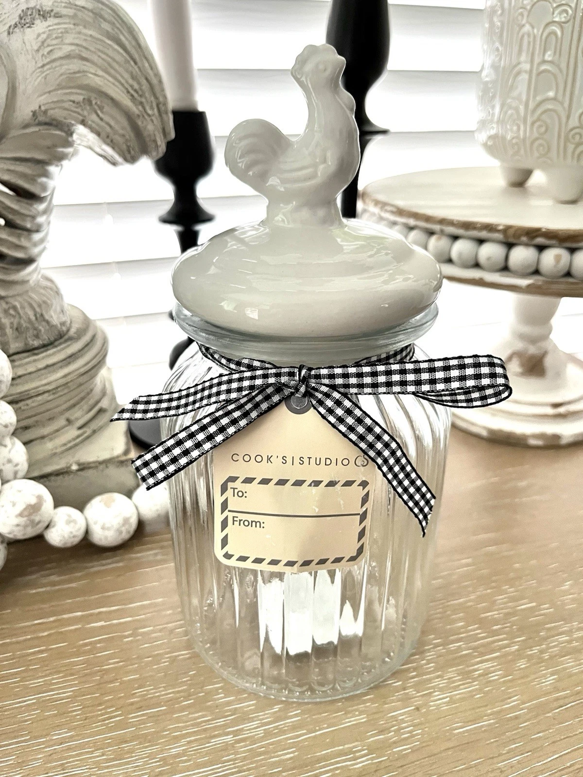 White Rooster Glass Ceramic Canister Farmhouse Country Decor White Black Plaid