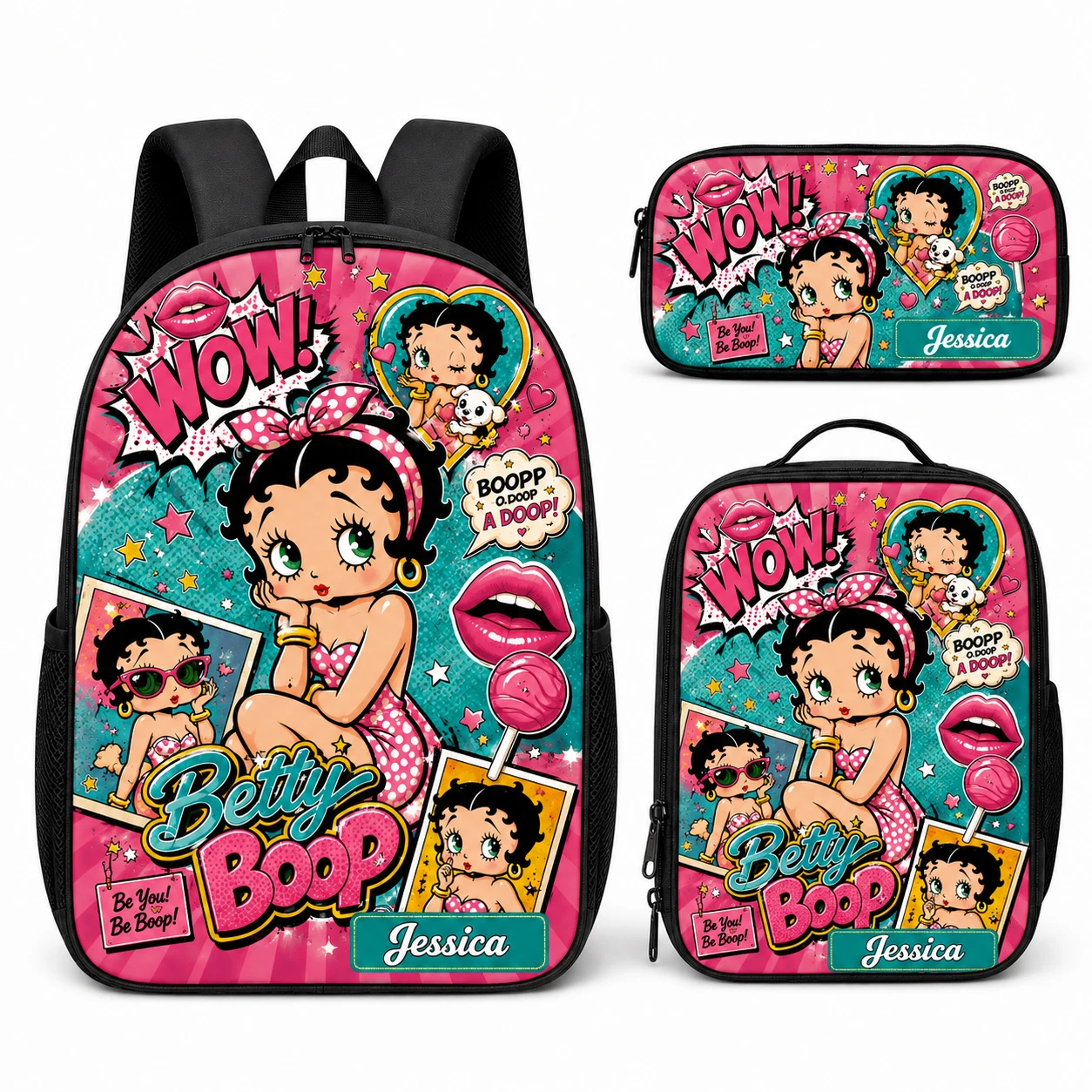 Personalized Pink Retro Comic Girl Backpack 3 Pcs Set Custom Name Bookbag
