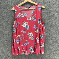 A New Approach Tank Women L Large Red Floral V-Neck Sleeveless Wide Strap Rayon