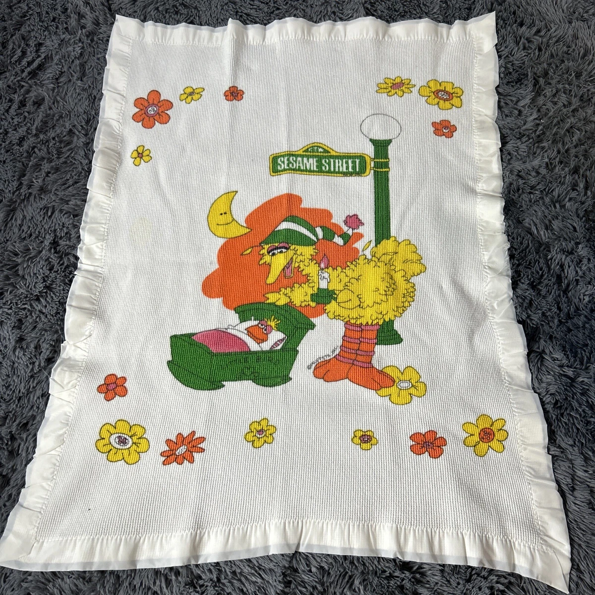 Vintage Sesame Street Big Bird Cradle Waffle Weave Baby Blanket Satin Trim