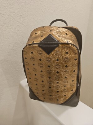 Authentic MCM Leather Large Gold Black Woman Men Back Pack