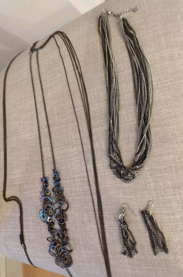 2 Gunmetal Gray Mesh knot Multi Chain Long Necklace 20" Match Earrings