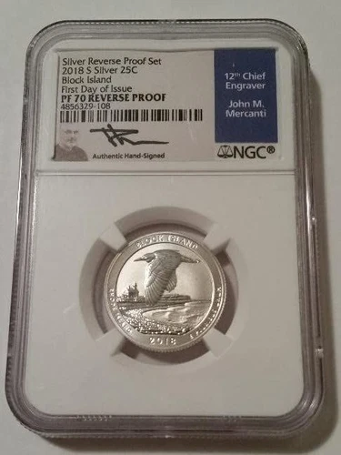 2018 S Silver Block Island NP Quarter Reverse Proof PF70 NGC FDI Mercanti Signed