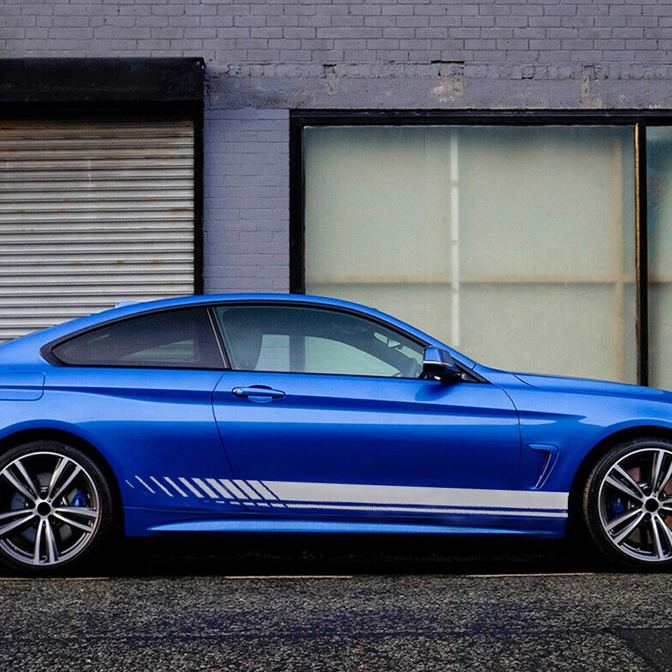 2Pcs Decal Car Racing Plaid Hood Side Door Fender Stripes Decor Silver Sticker - Image 2 of 4