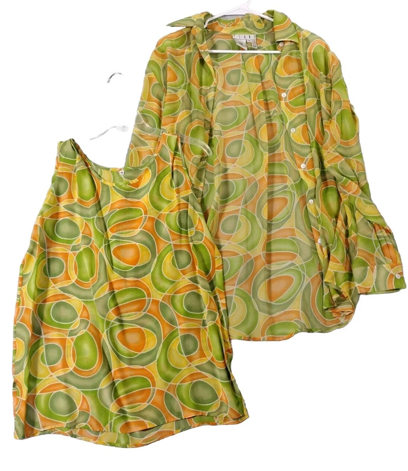 Conjunto Vintage 2 Piezas 100% Seda | Mod Estampado Psicodélico | Camisa Cuello Talla M Foto 2 de 4