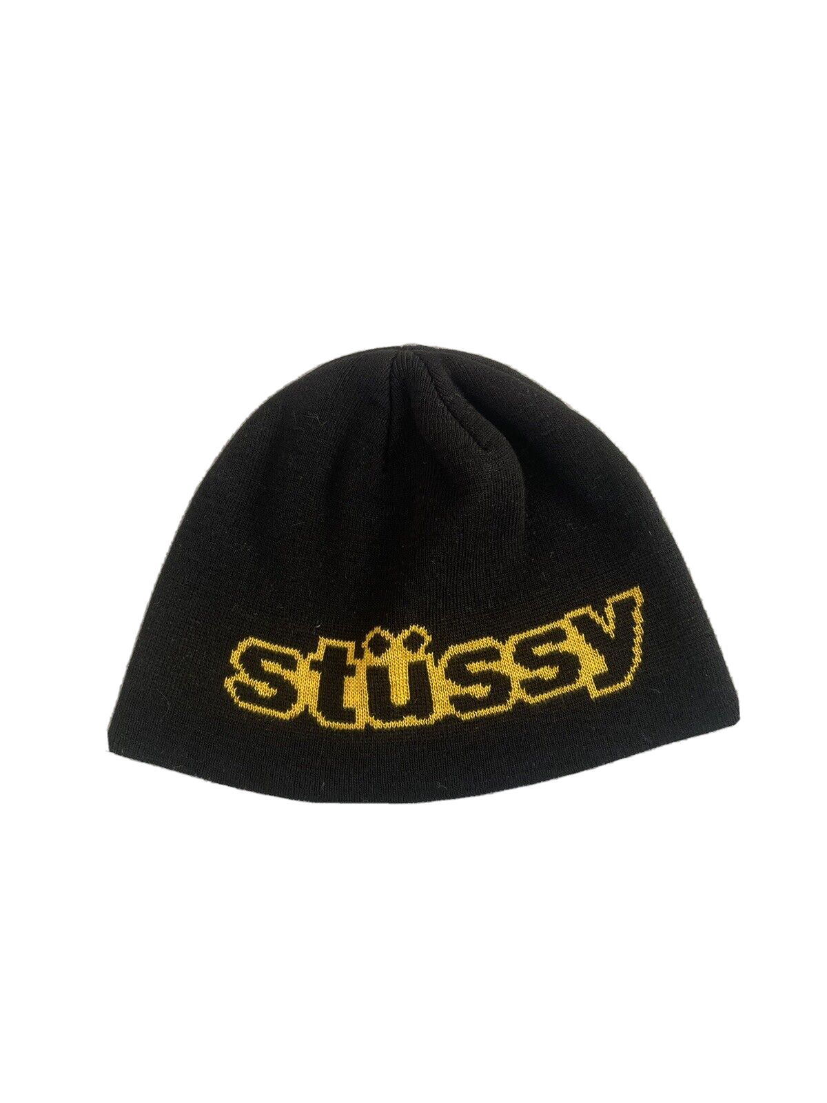 Vintage STUSSY Beanie 90s Block Logo Bit Black Yellow Skate Knit