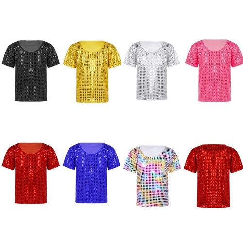 Kids Girls Sparkly Metallic Shiny Dance T-Shirt Boys Short Sleeves Loose T-Shirt - Picture 5 of 66