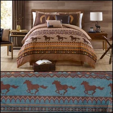 7pcs Cabin Lodge Western Wild Horses Microsuede Comforter Set Turquoise or Brown