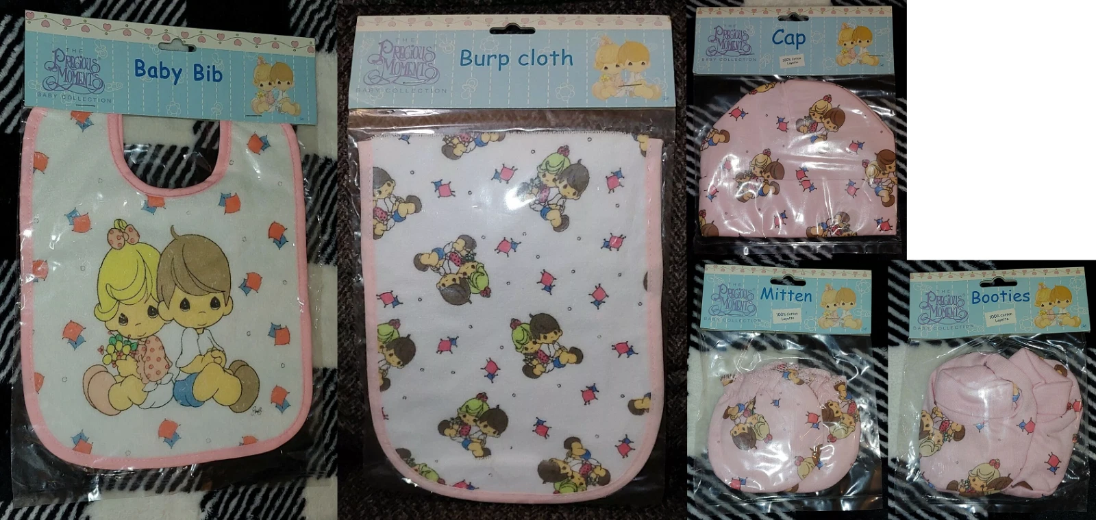 Baby Girl Size 0-3 Months Bib Booties Burp Cloth Cap & Mittens Precious Moments