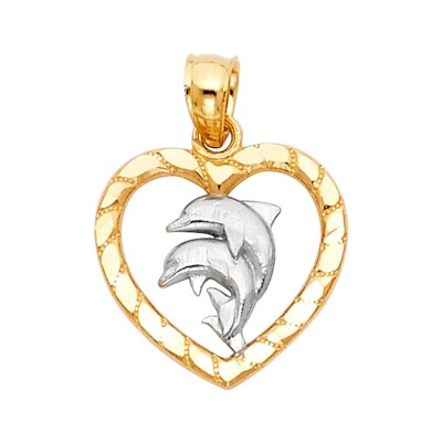 14K bicolor Gold Herz mit Delphin Anhänger