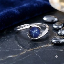 Vintage Blue Star Sapphire Ring, 925 Sterling Silver Handmade Trendy Ring