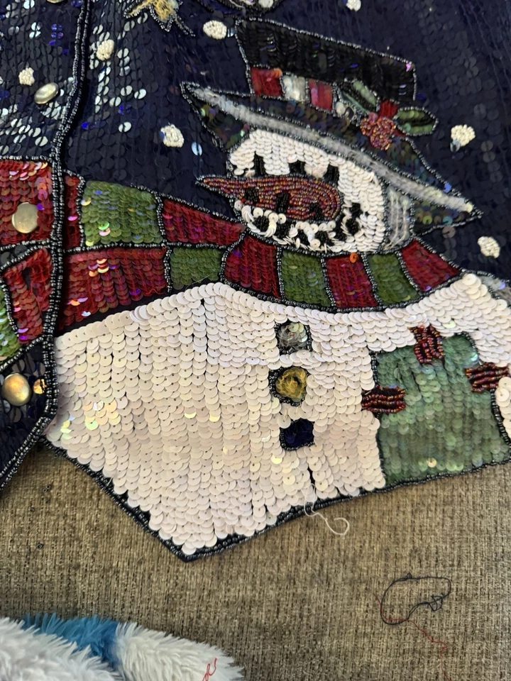 Chaleco Muñeco de Nieve Brillante Lentejuelas Navidad De Colección Azul Marino Fiesta The Quacker Factory Talla 1X Foto 2 de 4