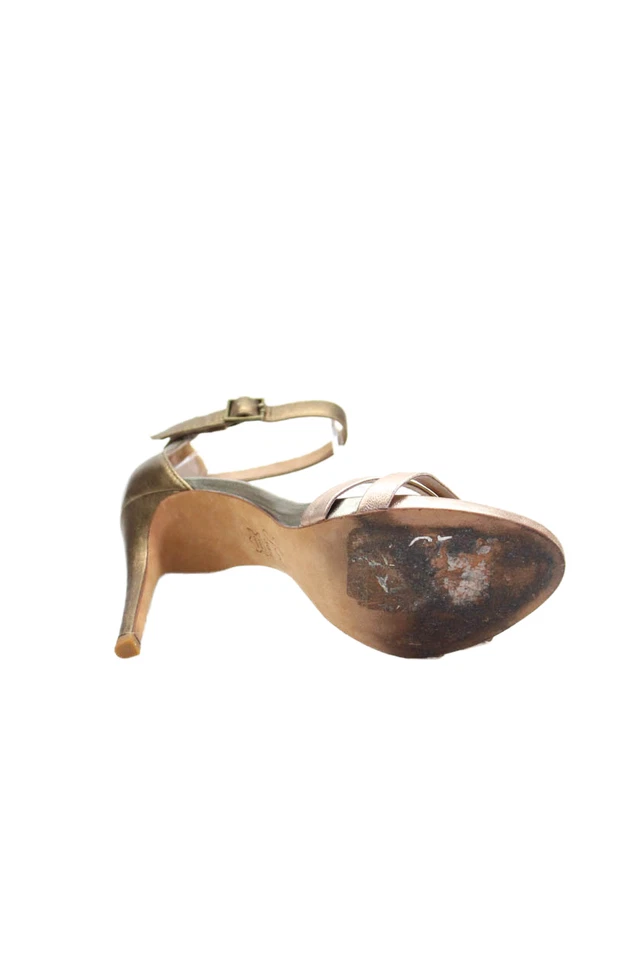 Tacones de aguja Joie para mujer de cuero con doble correa punta abierta dorados talla 8,5 Foto 4 de 4