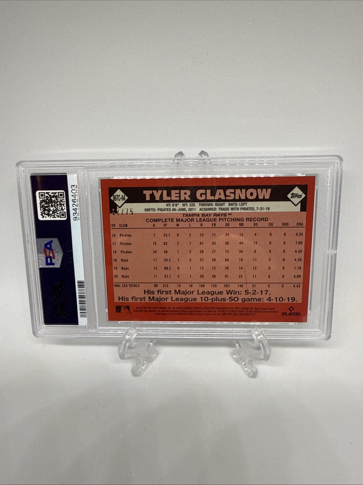 PSA 10Silver Pack Series 2 1986 Topps Chrome Baseball Tyler Glasnow 57/75 view 2