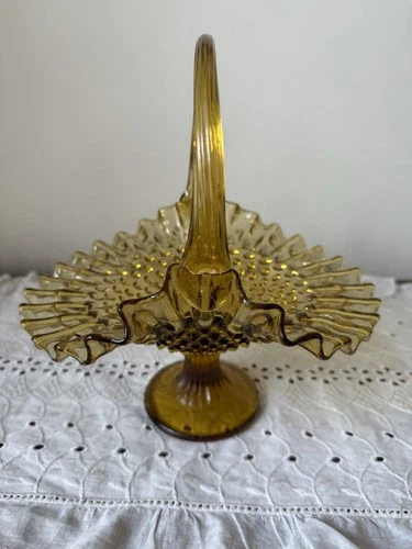 VNTG Fenton Amber Art Glass Pedestal Basket Hobnail Ruffle Edge Rich Golden