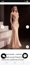 Cinderella Divine LACC427 Gold Beaded Halter Mermaid Long Formal Dress