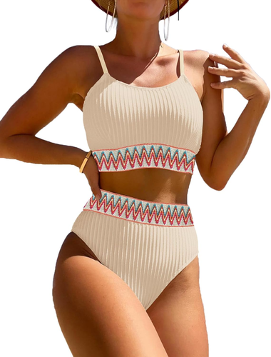 Women'S High Waisted Swimsuit Two Piece Ribbed Bikini Sets Crop Top High Cut Che