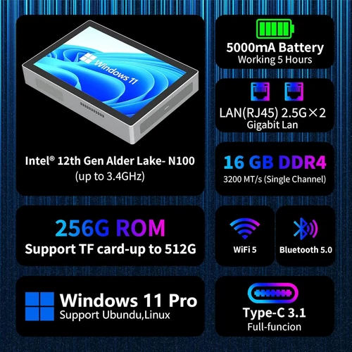 7 Zoll Mini Windows Computer 16GB 256GB/512GB Intel N100 Wifi Bluetooth Tablet - Bild 3 von 19