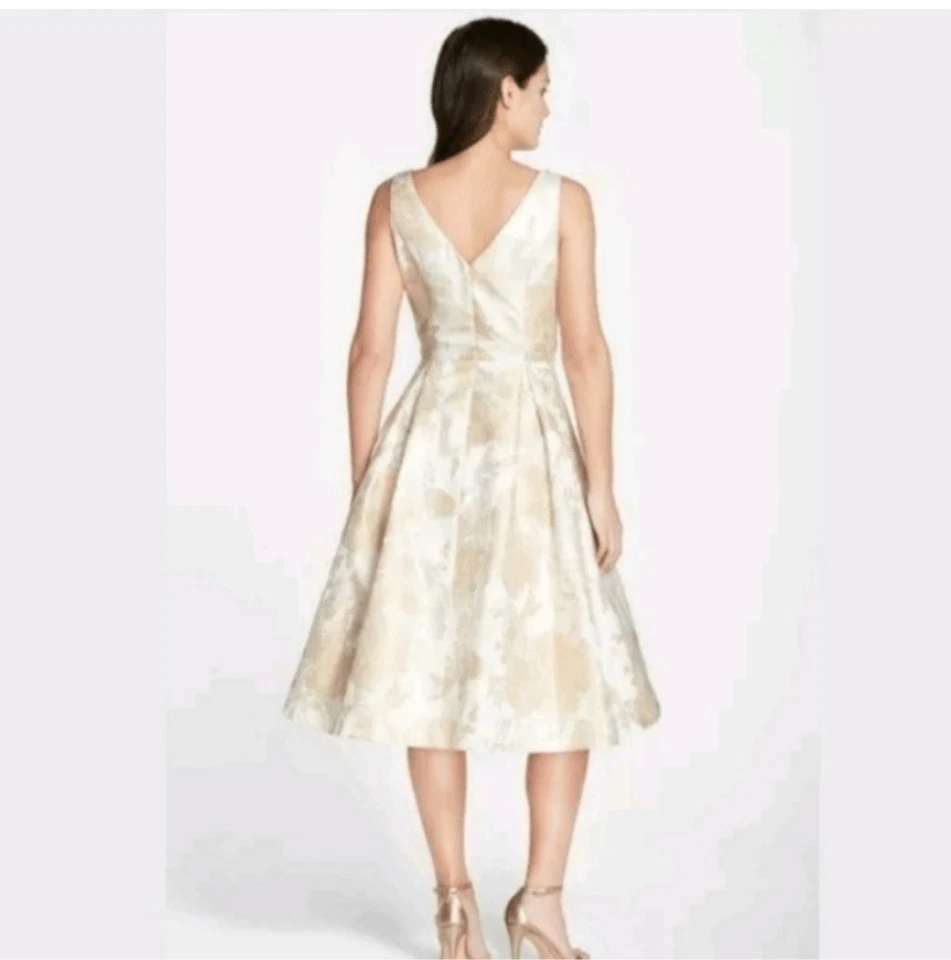 Eliza J. Gold Cream Jewel Embellished Jacquard Floral Fit & Flare Dress Size 6 - Image 2 of 4