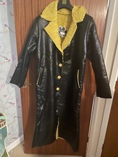 Women Black Faux Leather Yellow Faux Fur Lined Long Line Coat Size L