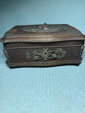Antique Black Forest Wood & Bronze Jewelry Box Beaded Ducks EC