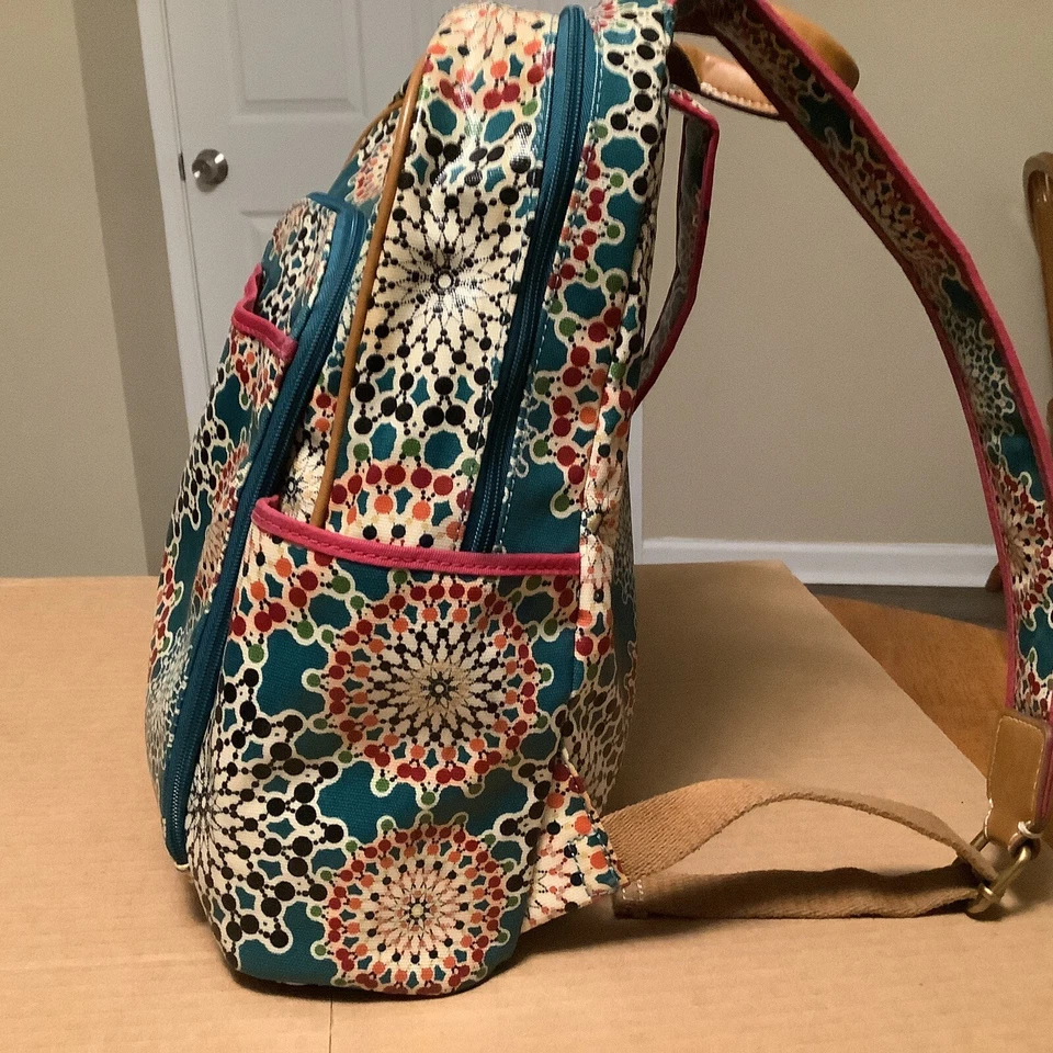 Mochila azteca floral de lona recubierta Fossil Keyper mango de cuero tamaño completo Y2K Foto 2 de 4