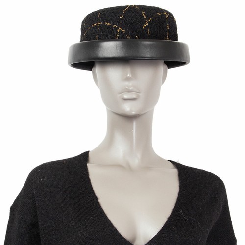 62144 auth CHANEL black & gold LEATHER TRIM TWEED RIDING Hat S - 第 6/6 張圖片