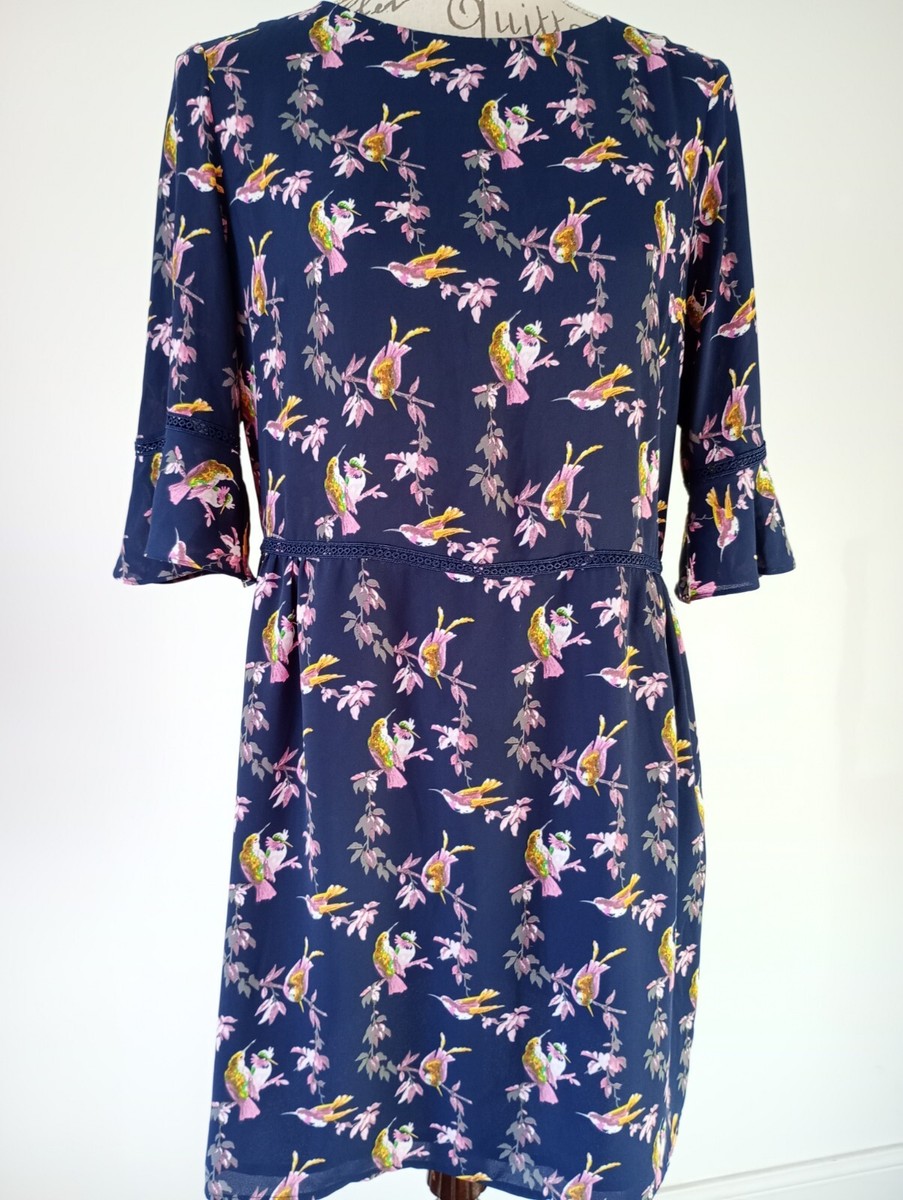 OASIS Cute Blue Pink Birds PARTY Dress Size 14 Ex Condition