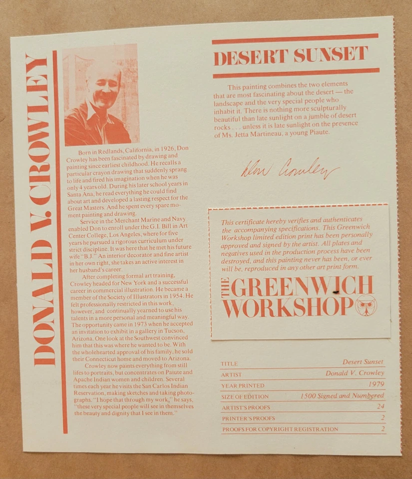 Estampado grande firmado por Donald Crowley desierto puesta de sol nativo americano enmarcado y mate Foto 2 de 4