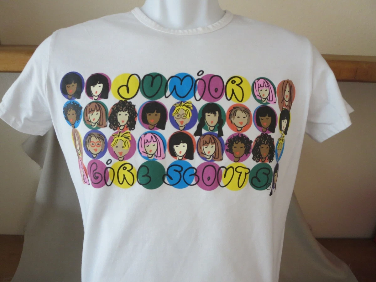 Vintage Rare Junior Girl Scouts T-Shirt Colorful Circles White Kids Size  Large