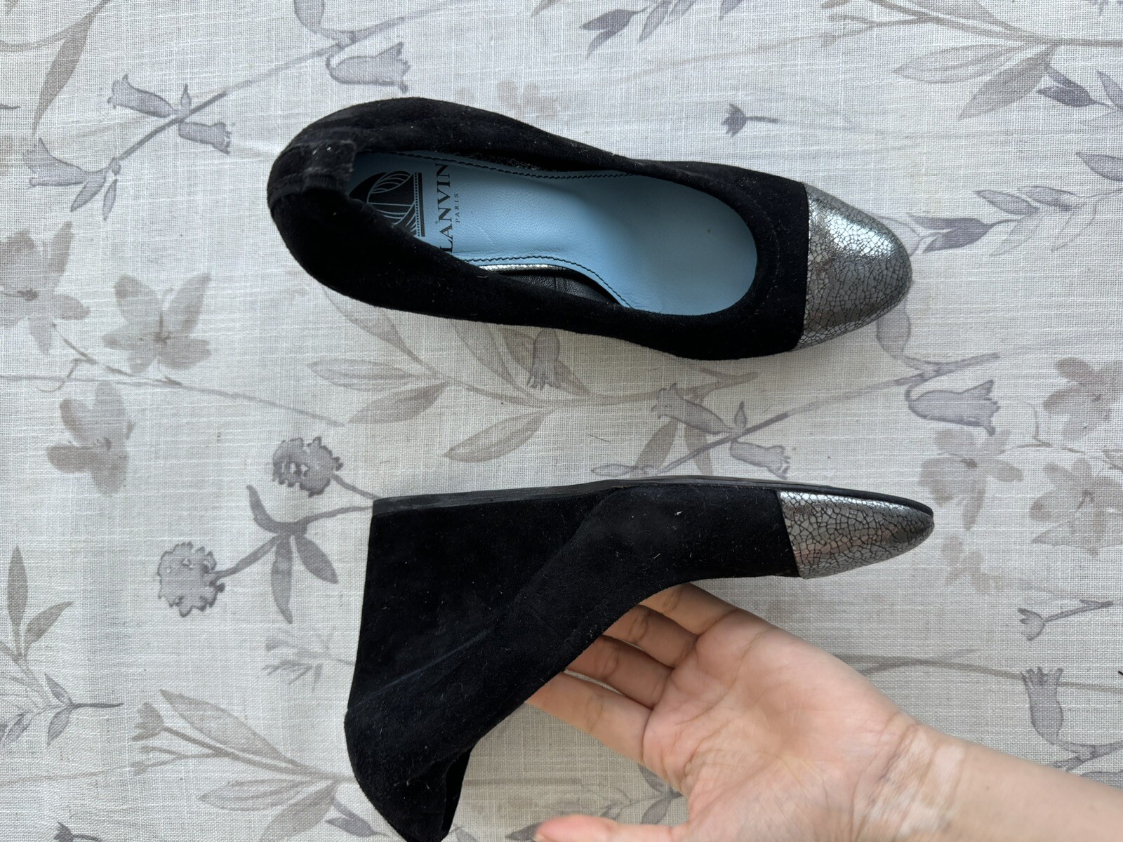 Lanvin Paris Black Suede Ballet Wedge Heels EU 36, NWOB | Metallic Toe image 2