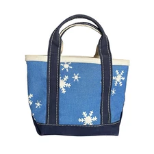 Vintage LL Bean Boat and Tote Mini Bag Blue Canvas Snowflake Print Double Handle