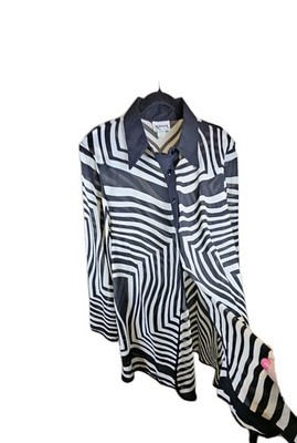Navora Bl. & Wh. Sheer Tunic Blouse Bold Psychedelic Print '' Op Art''  VTG Sz. L 