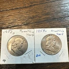 LOT OF 2 - 1952D + 1958D 50C BEN FRANKLIN SILVER HALF DOLLARS - 90% SILVER