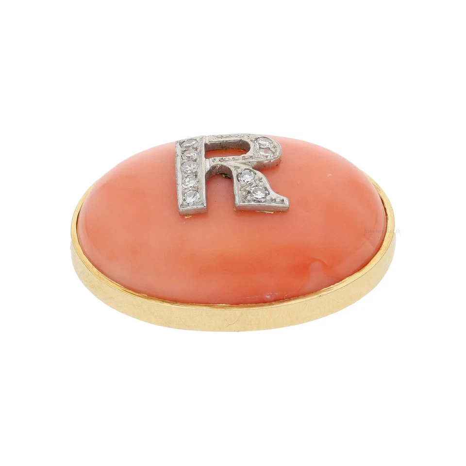 Brosche 750/000 (18 Karat) Gelbgold und Weißgold, mit Diamanten und Koralle, Han - Bild 3 von 4