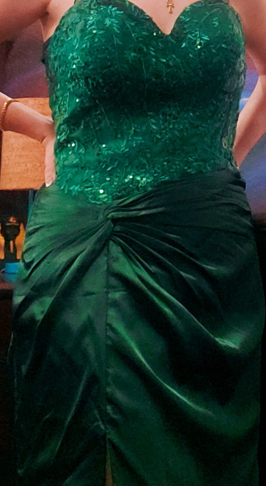 Emerald Green Beautiful Satin And Lace Party Dress [M]