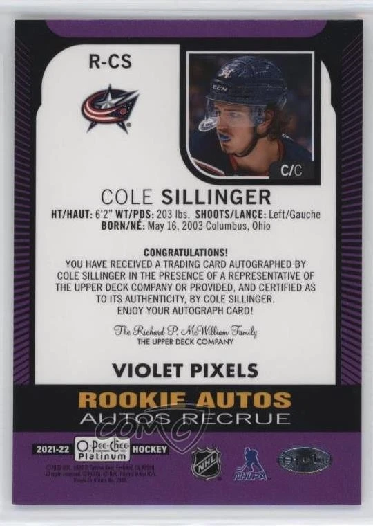 2021-22 O-Pee-Chee Platinum Rookie Violet Pixels Cole Sillinger #R-CS Auto RC - Image 2 of 2